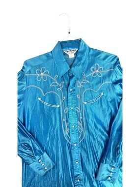 Two-Steppin Blue Western Pearl Snap Embroidered Shirt L Arnel Nylon USA